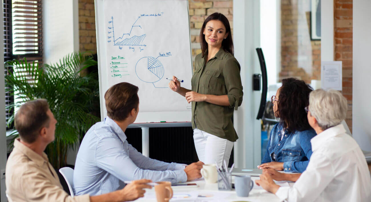 Business team reviewing performance data in a strategy meeting